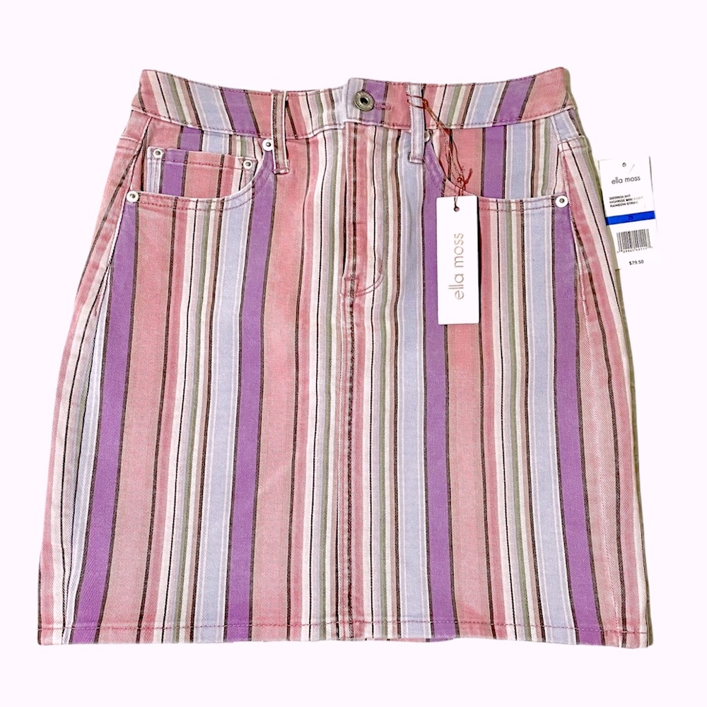 NWT ELLA MOSS High Rise Mini Short Rainbow Stripe Pink Purple White Denim Skirt